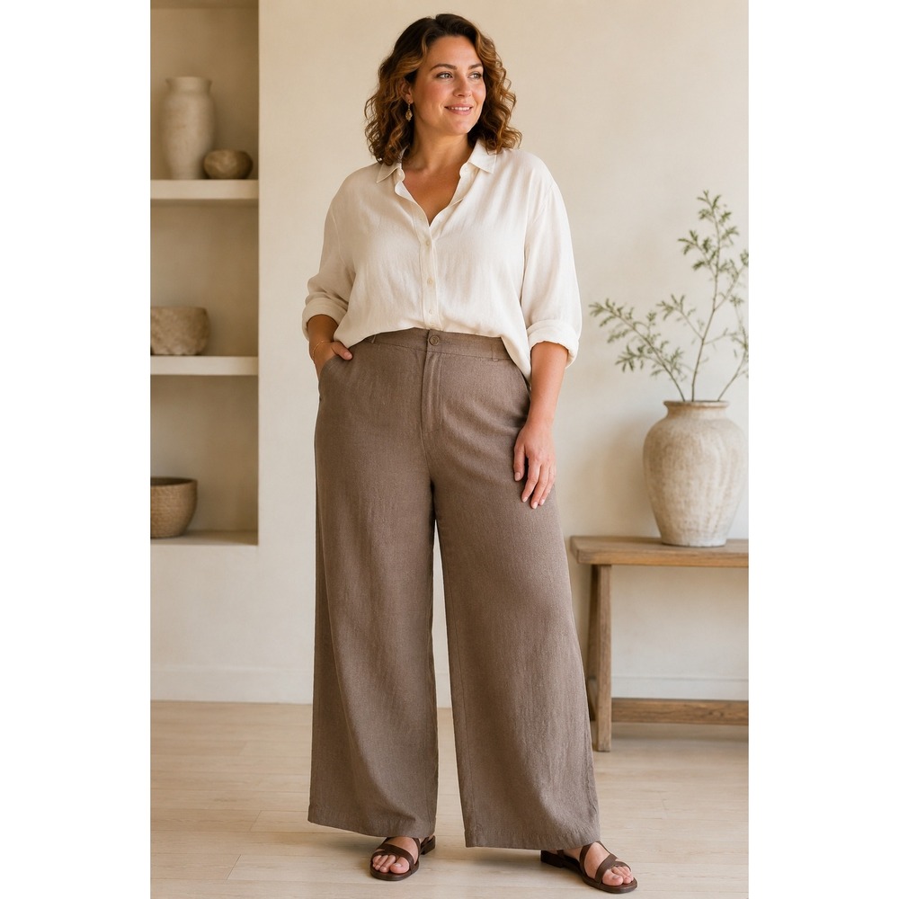 Boho Minimalist Neutral Eileen Fisher Brown 100% Cotton Straight Leg XL Pants